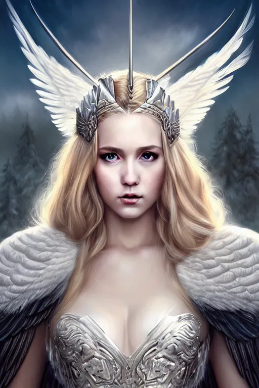 Prompt: artistic portrait of an innocent valkyrie with white feathered wings, wearing armor, feathered wings, perfect fit body, long blonde braided hair, beautiful eyes and lips, winter setting, art by artgerm and wlop and brom, highly detailed, 8 k, cinematic, mist, digital painting, trending on artstation, concept art, sharp focus, illustration, masterpiece