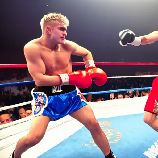 Image similar to jake paul vs mohammed ali, brutal boxing match, sports photography, sweat flying, hd high detail, professional photo