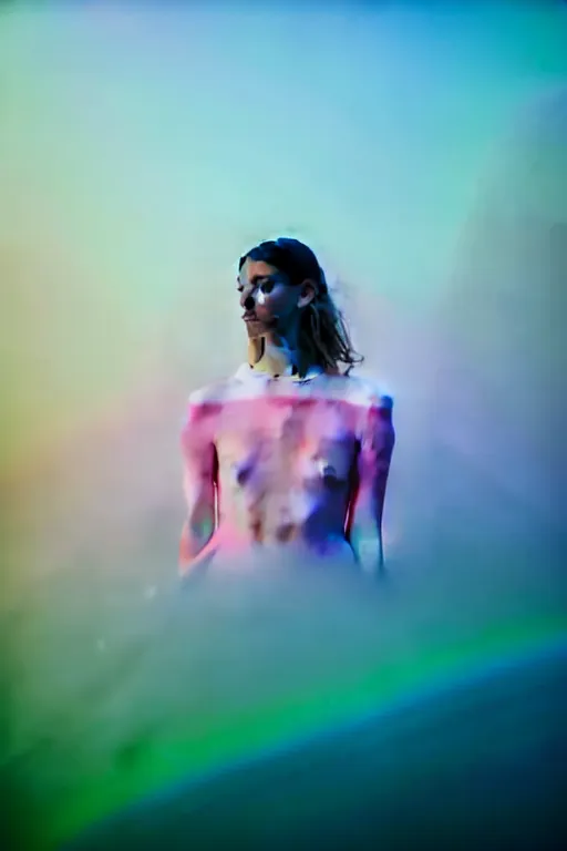 Image similar to high quality pastel coloured film close up wide angle photograph of a model wearing clothing swimming on cloud furniture in a icelandic black rock!! environment in a partially haze filled dreamstate world. three point light, rainbow. photographic production. art directed. pastel colours. volumetric clouds. pastel gradient overlay. waves glitch artefacts. extreme facial clarity. 8 k. filmic.