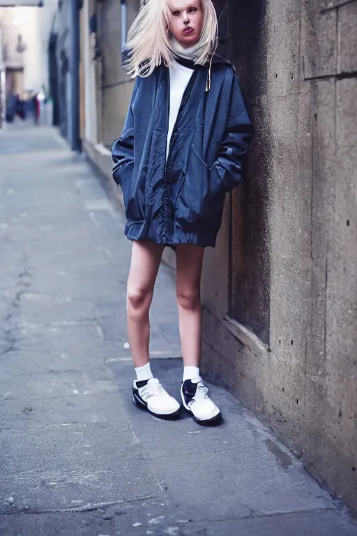 Image similar to high quality realistic street photo of girl, blond hair, clothes in the style of 1 9 9 0, sneakers, lowered socks, loose coat ; kodak ektar, 2 0 0 iso, 3 5 mm lens, bill henson style beautiful chiaroscuro lighting, beautiful colour palette, beautiful and realistic, wide shot