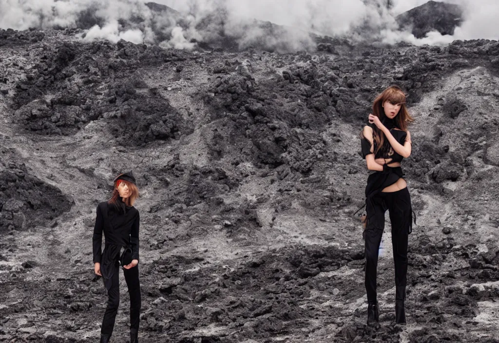 Prompt: fashion editorial in active volcano. wide angle. highly detailed.