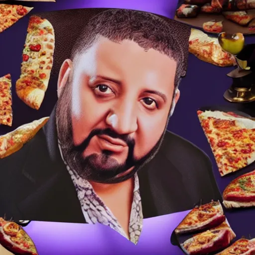 Image similar to a highly detailed realistic photographic render dj khaled with Cosmo Kramer hairstyle with holding slices of pizza, religious sculpture, cinematic lighting, cinematic scene, Volumetric lighting, Atmospheric scene, Dark, Horror, Atmospheric lighting, Global illumination, realistic, photo realism, hyper realistic, hyper realism, photo realisitc, cinematic render, film, beautifully lit, ray traced, octane 3D render, octane render, unreal engine