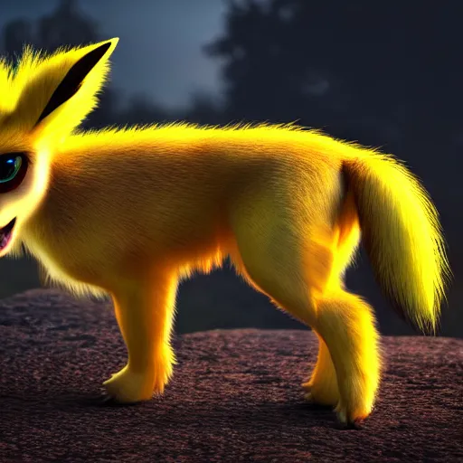 Image similar to photography of a realistic jolteon animal, ultra detailed, 8 k, cinematic lighting, natural background, trending on artstation, pokemon