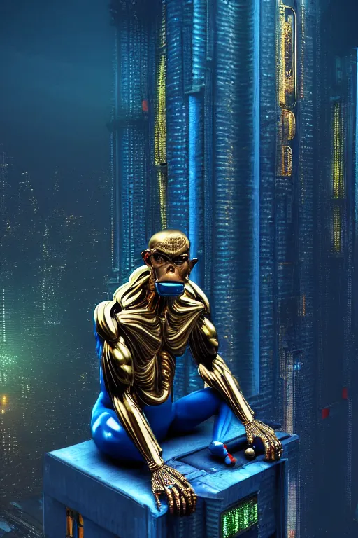 Prompt: high quality 3 d render ultra realistic mischievous cyborg muscular man monkey blue hybrid sitting, gold madhubani, highly detailed, cyberpunk!! mumbai in the background, unreal engine cinematic smooth, szukalski & blade runner, moody light, low angle, uhd 8 k, sharp focus