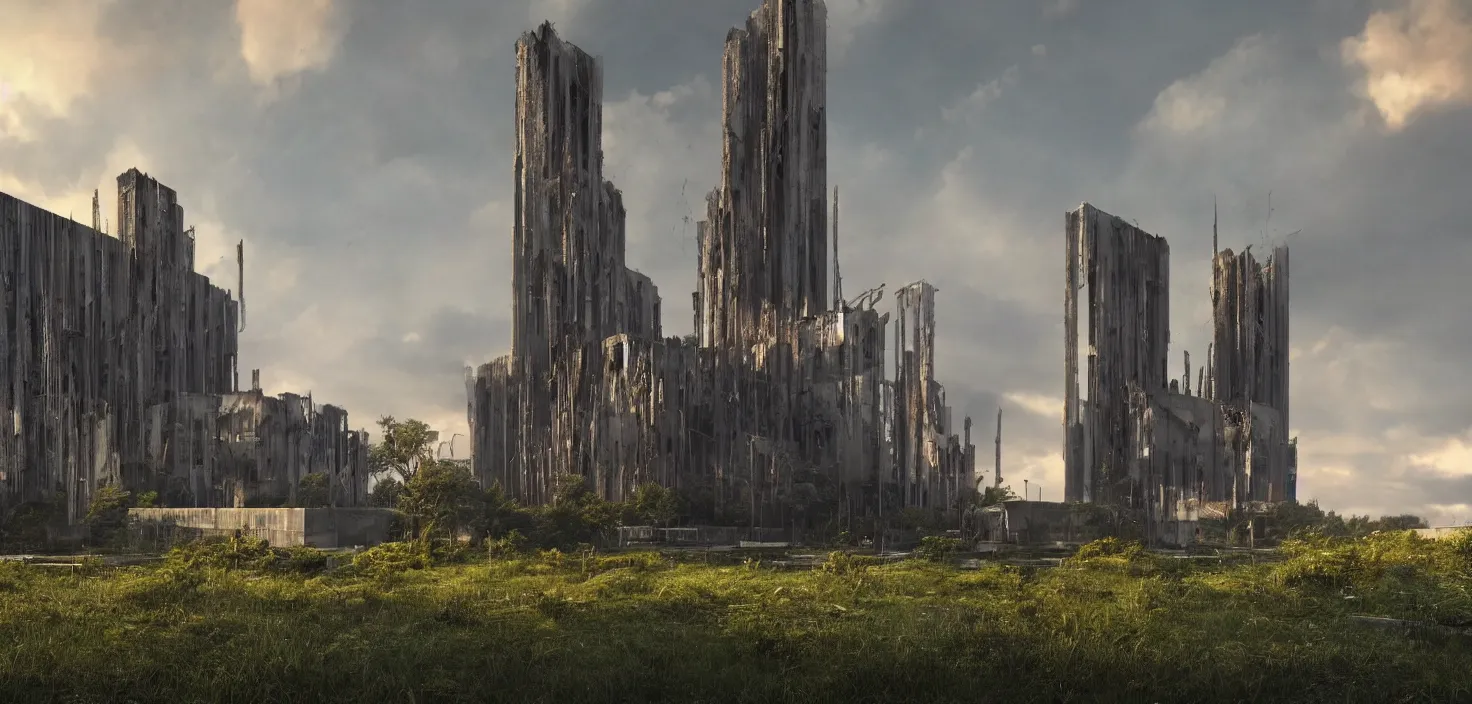 Image similar to an extremely detailed cathedral of brutalist architecture, surrounded by lush green vegetation, stunning volumetric lighting, sunset, rusted metal, concrete, translucent material, stunning skies, scattered rubbish and debris, 8k, photorealistic, hyper detailed, unreal engine 5, IMAX quality, cinematic, epic lighting, digital painting in the style of DOOM and Quake, by Greg Rutkowski, trending on Artstation