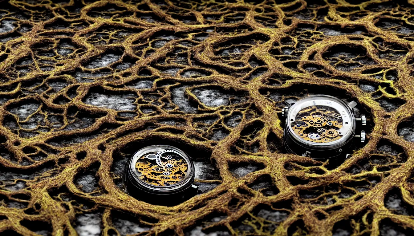 Image similar to detailed view from inside wet ink a clockwork watch landscape, entangled roots covered in mushrooms, cracked earth, living spore microorganisms, decaying, rusty, hyper realistic photo, full colour, upscale, 8 k