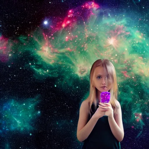 Image similar to a girl in a field holding a Popsicle made of hubble deep field space stars nebula distant galaxies ultra HD