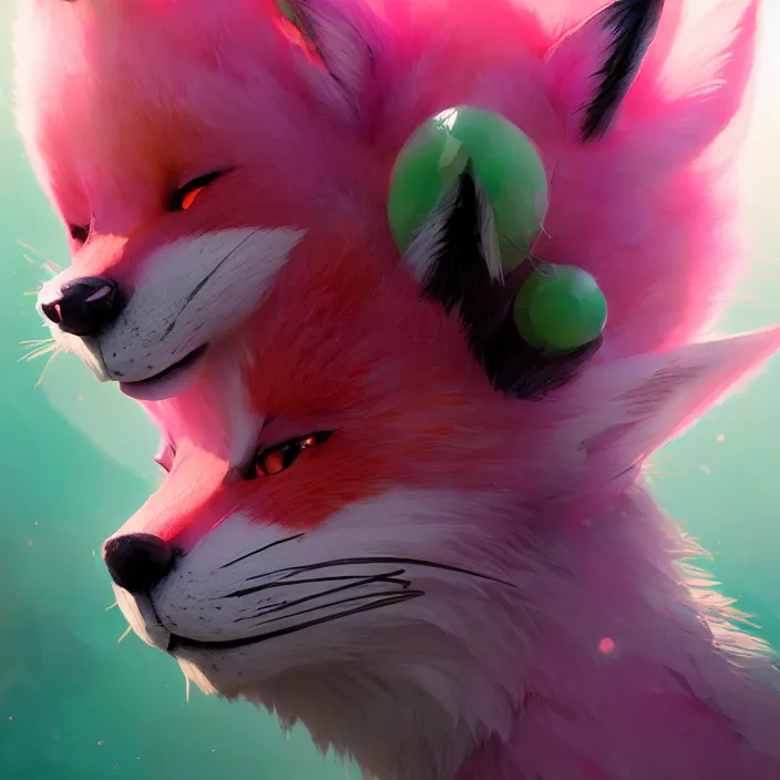 Image similar to a beautiful headshot portrait of a cute anime male fox boy with pink and green fur. character design by cory loftis, fenghua zhong, ryohei hase, ismail inceoglu and ruan jia. artstation, volumetric light, detailed, photorealistic, fantasy, rendered in octane