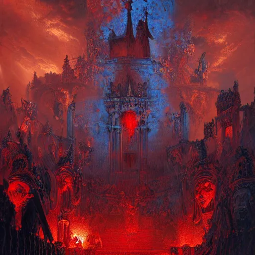 Image similar to the holy castle of Hades, hellish, bright in fury, red and blue, with demon statues, hyperdetailed, artstation trending, world renowned artists, worth1000.com, historic artworks society, antique renewel, cgsociety, by greg rutkowski, by Gustave Dore, Deviantart