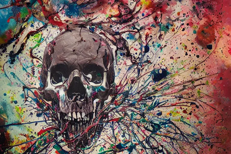 Prompt: a splattered action painting by jackson pollock showing a skull, ultradetailed, fine art painting, peter mohrbacher, moebius, face carving, frottage, watercolor, acrylic, multilayered paint, spectacular splatter explosion, psychedelic art