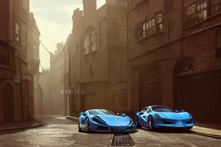 Image similar to a wholesome animation key shot of one focused ferrari, dynamic, on an ancient london street, wide shot, studio ghibli, pixar and disney animation, sharp, very detailed, high resolution, rendered in unreal engine 5, anime key art by greg rutkowski, overcast lighting, dark