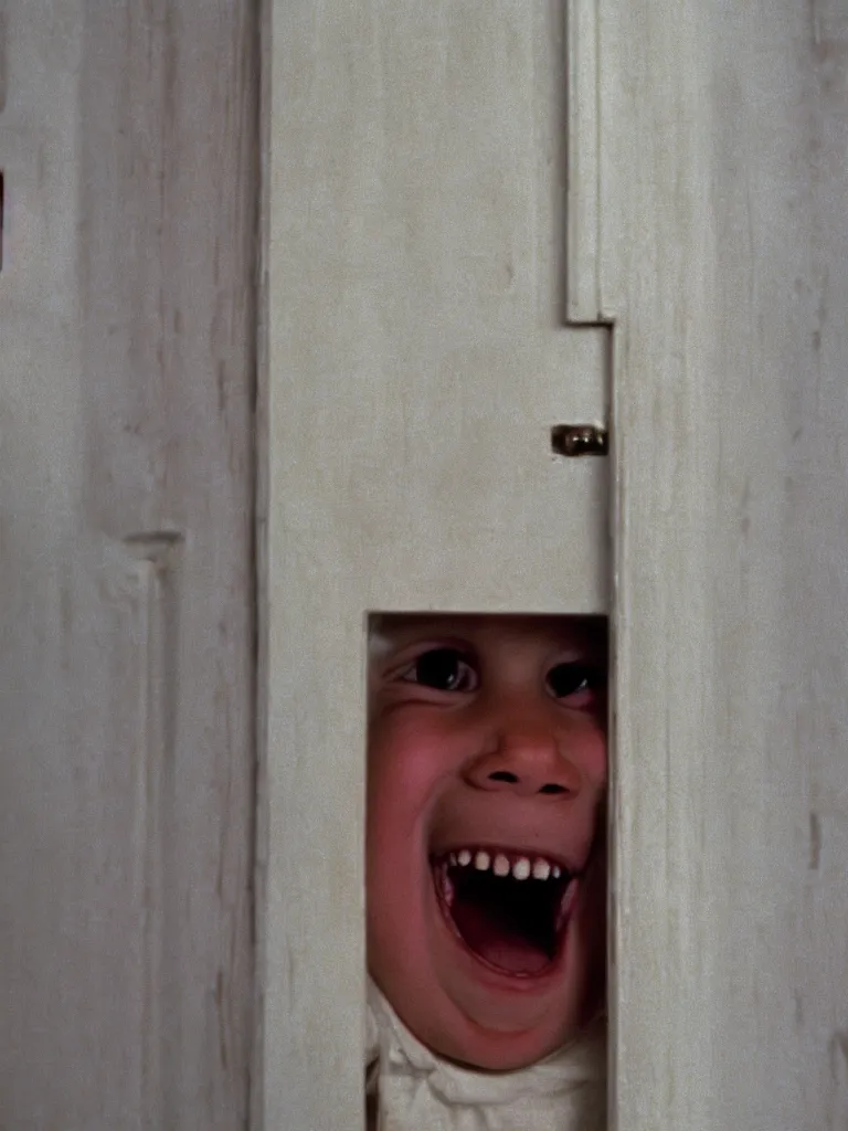 Prompt: a cute little blonde kid trying to see through a huge vertical crack on a white wooden door and grinning maniacally, a still from the 1980 movie the shining, realism, 4k, grainy, panavision