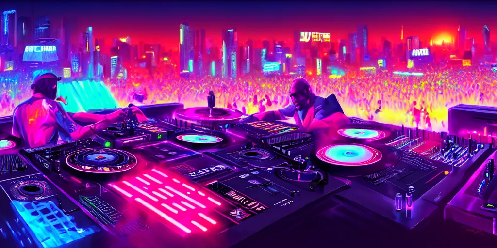 Prompt: dj plays big music at the biggest festivals in the world to a huge crowd, with lots of blaring neon lights in the spirit of synthwave, highly detailed, digital painting, artstation, concept art, matte, sharp focus, illustration, art by artgerm and greg rutkowski and mike mignogna