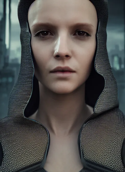 Image similar to 3 / 4 portrait, emma bot queen, futuristic fashion clothing, bio enhanced, brunette, long hair, id magazine, hyperrealism, detailed textures, photorealistic, 3 d cyberpunk apocalyptic city, ultra realistic, cinematic, intricate, cinematic light, unreal engine 8 k, octane render, unreal engine, david kostic, artgerm