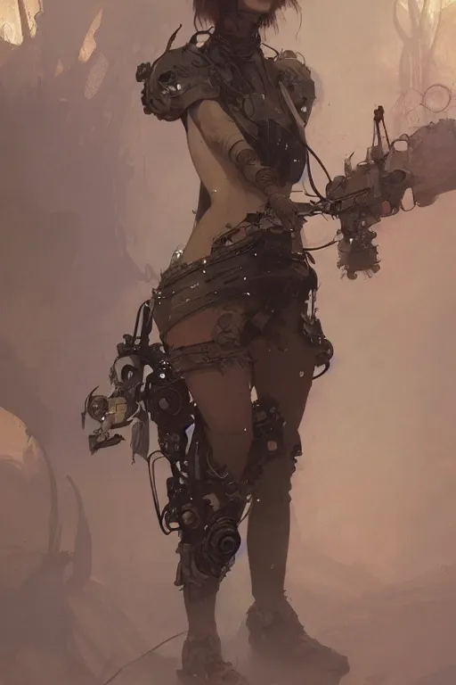 Image similar to A full portrait of a beautiful post apocalyptic offworld machinist, intricate, elegant, highly detailed, digital painting, artstation, concept art, smooth, sharp focus, illustration, art by Krenz Cushart and Artem Demura and alphonse mucha