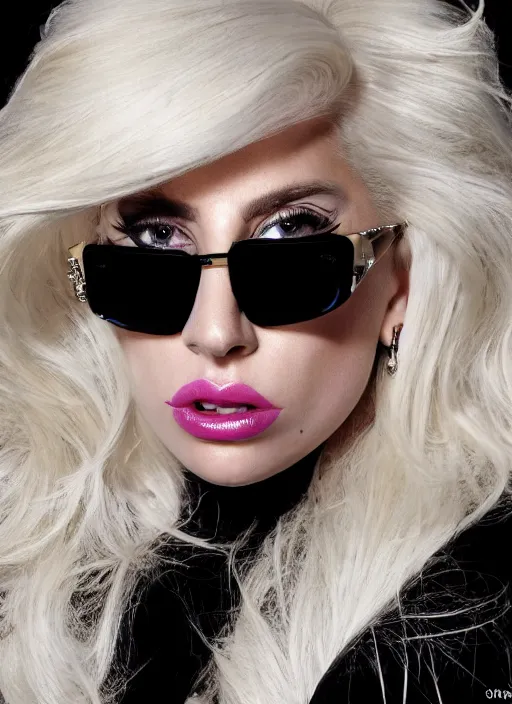 Image similar to lady gaga styled by nick knight posing, born this way 2 0 1 1 album inspired, photohoot, long platinum blonde hair with bangs fringe, versace sunglases, vogue magazine, canon, highly realistic. high resolution. highly detailed. dramatic. 8 k. 4 k.