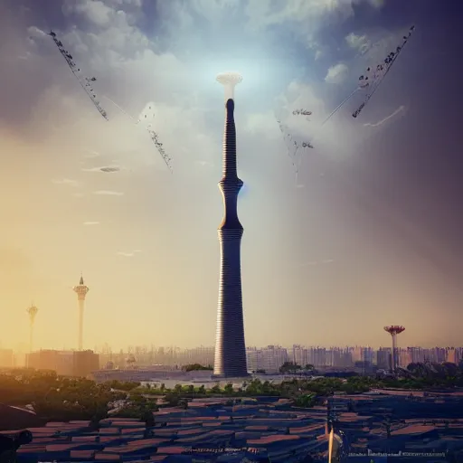 Image similar to A giant robot attacks Azadi Tower of Tehran, 3d rendered, artstation