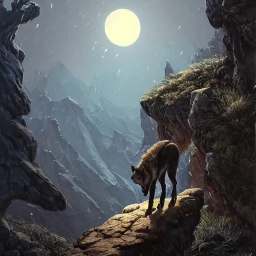 Image similar to a wolf standing on a moutain, howling to a full moon shining bright, thunderstrikes, epic, dramatic lighting, in a fantasy world, highly detailed, crystal lighting, hyperrealistic, trending on artstation, unreal engine, magical, by joe fenton, by greg rutkowski, by greg tocchini, by kaws, by kate beaton, by kaethe butcher