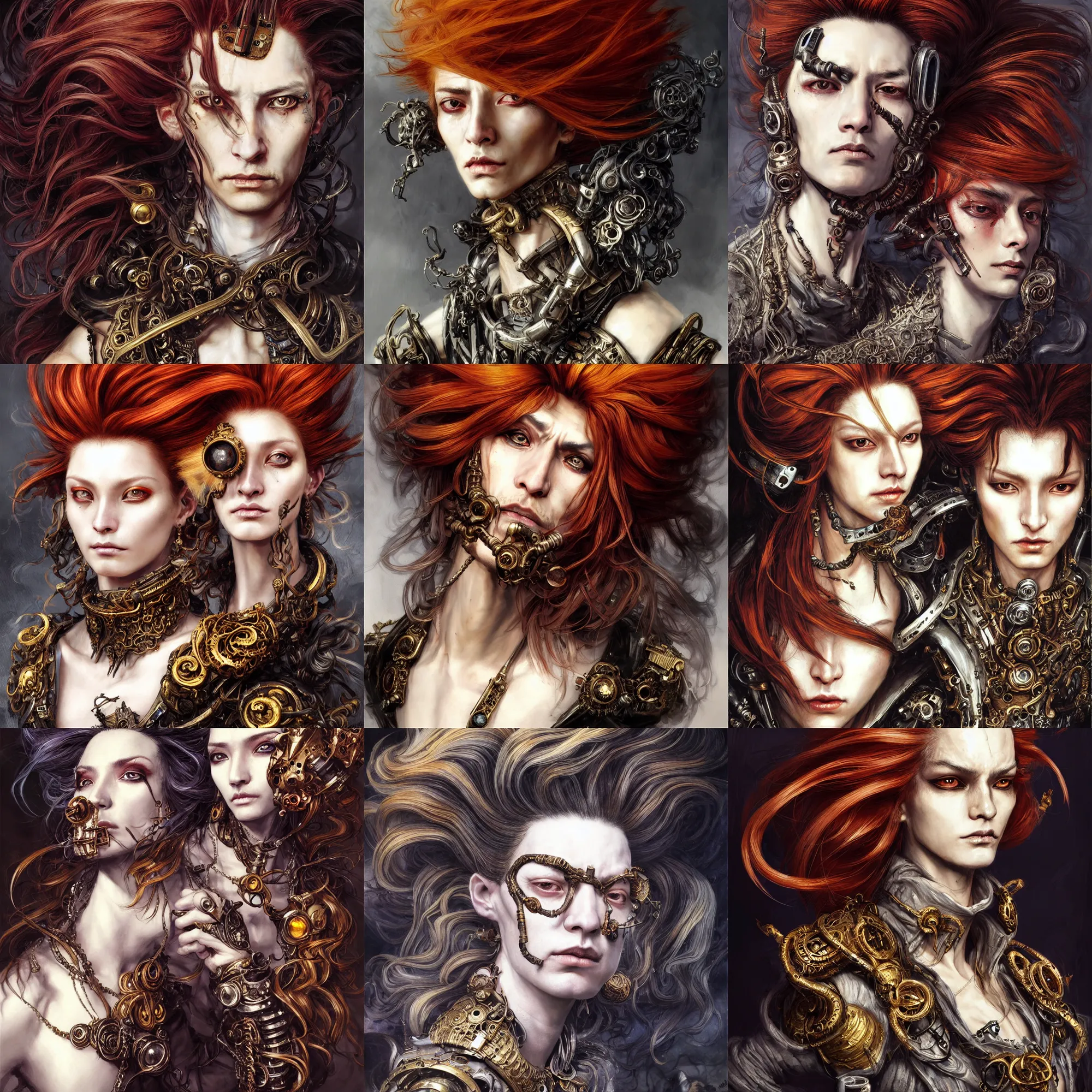 Prompt: portrait, headshot, insanely nice hair style, dramatic hair color, digital painting, of a old 1 7 th century, old cyborg merchant, amber jewels, baroque, ornate clothing, scifi, realistic, hyperdetailed, chiaroscuro, concept art, art by franz hals and jon foster and ayami kojima and amano and karol bak