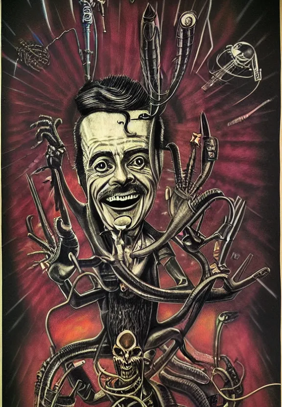 Image similar to subgenius, x - day, aliens, weird stuff, occult stuff, devil stuff, extreme detail, muted colors, vintage, stained paper, hyperrealism, stage lighting