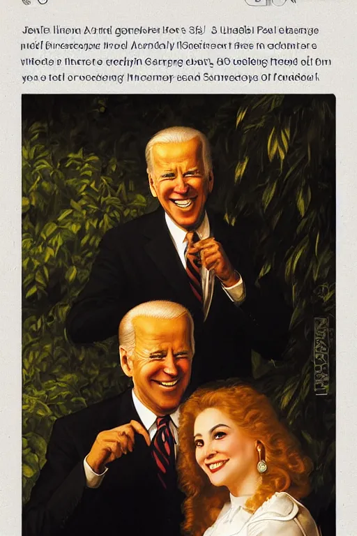 Prompt: smiling Joe Biden whispering in a frightened woman’s ear, golden hour, in a garden, artstation, by J. C. Leyendecker and Peter Paul Rubens,