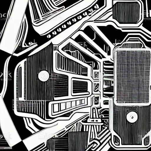 Image similar to futuristic mechanical panel lines, vector art style, black and white, front view