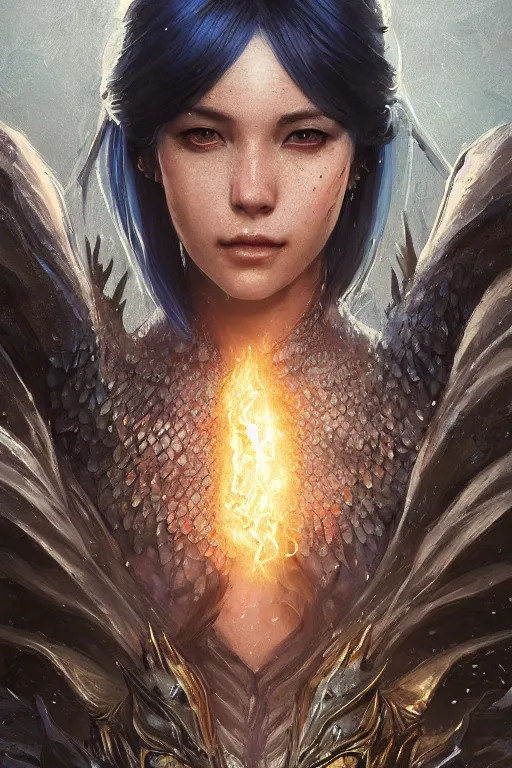 Image similar to a fancy portrait of an attractive dragon women with blue dragon scales by Greg Rutkowski, Sung Choi, Mitchell Mohrhauser, Maciej Kuciara, Johnson Ting, Maxim Verehin, Peter Konig, final fantasy , mythical, 8k photorealistic, cinematic lighting, HD, high details, atmospheric,