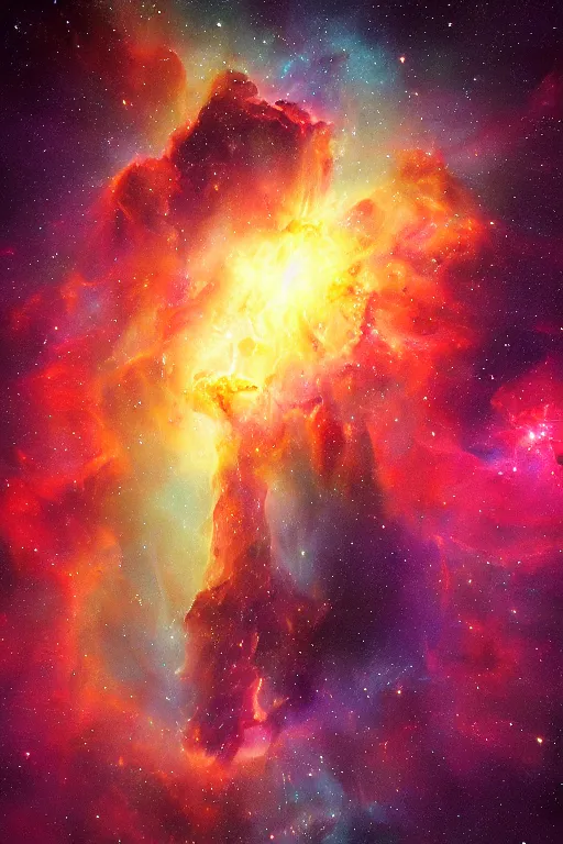 Prompt: face melting into the universe, awe, volumetric lights, nebula, by rembrandt van rijn