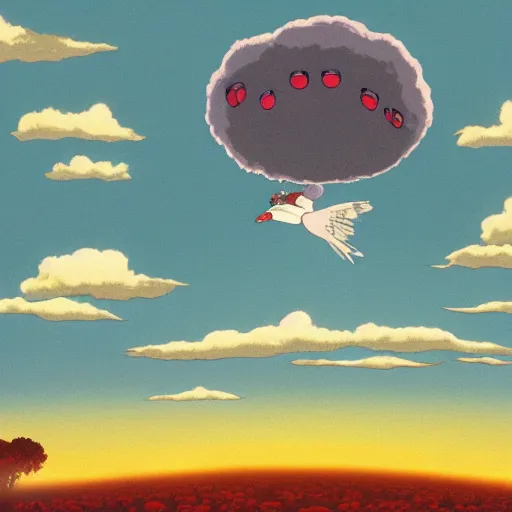 Image similar to studio ghibli art of a bird flying through a surreal sky, cotton clouds, river of wine, weird creatures, talking trees, at night, studio ghibli style