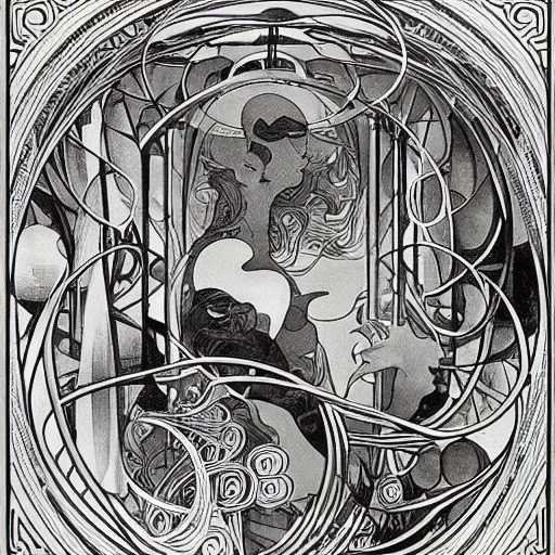 Prompt: the world is labyrinthine beyond possibility of imagining, inhabited on many levels by alien intelligence, infinite in extent, staggering in its beauty, terrifying in its weirdness, endlessly satisfying and peculiar, by Maurits Cornelis Escher, shining light and shadow, atmospheric, Award winning. Masterpiece, detailed illustration, alphonse mucha