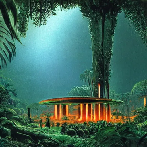 Image similar to ancient monument in the jungle, lost alien civilization, ancient alien tools and houses, tropical forest, glowing alien monuments, alien relic, syd mead, john harris, art station, flowers