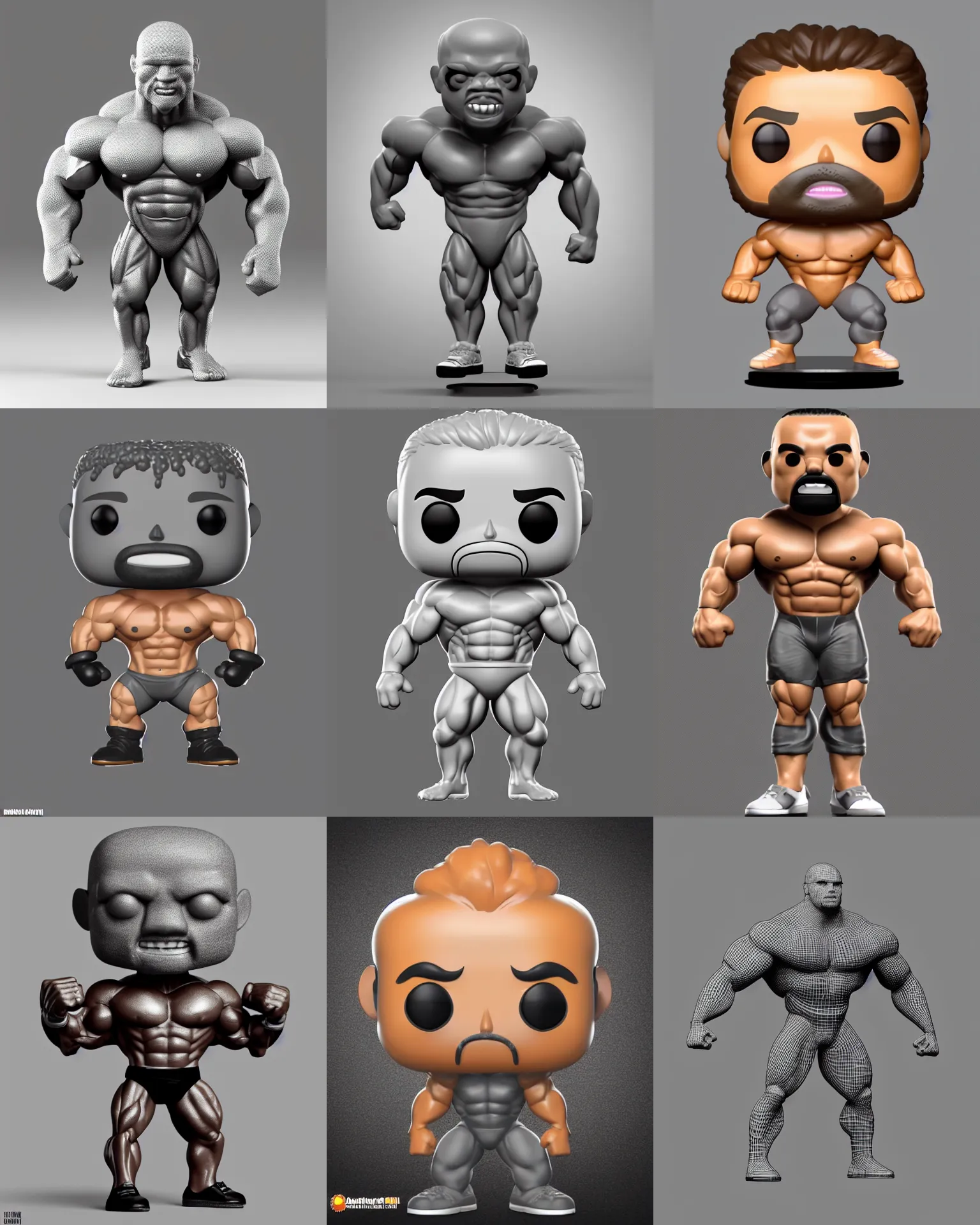 Prompt: full body 3 d render of bodybuilder markus ruehl as a funko pop!, studio lighting, grey background, single body, no shadow, blender, trending on artstation, 8 k, highly detailed