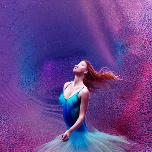 Image similar to woman dancing underwater wearing a flowing dress made of many layers of blue, magenta, and yellow translucent lace, elegant coral sea bottom, swirling silver fish, octane render, caustics lighting from above, cinematic