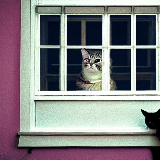 Prompt: cat looking to the window, movie frame by wes anderson.