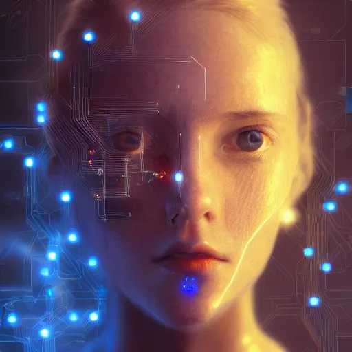 Image similar to artificial intelligence, server in the middle, deep view, heavy blue led lights, wires connected, award winning creature portrait photography, extremely detailed, artstation, 8 k, sensual lighting, incredible art, wlop, artgerm