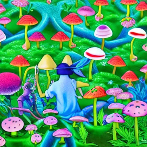 Image similar to cannabis magic mushrooms people advocating for their own freedom to grow pot plants in their backyards, colorful whimsical fantasy, by chiho aoshima