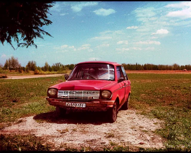 Image similar to a lomographic photo of old lada 2 1 0 7 standing in typical soviet yard in small town, hrushevka on background, cinestill, bokeh