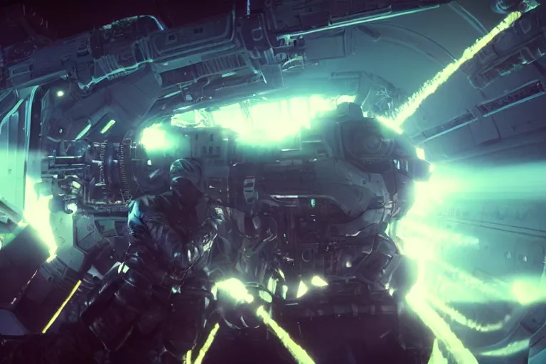 Image similar to VFX movie closeup of a futuristic inhuman alien spacemarines in future spaceship, firing gun at space pirates detailed creature skin neon lighting by Emmanuel Lubezki