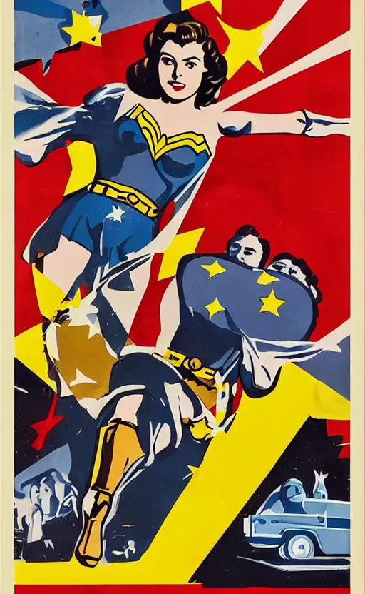 Prompt: ingrid bergman as wonder woman. poster for the 1 9 4 8 film'wonder woman versus the robots '. colourful detailed painted collage. action. beautiful. powerful.