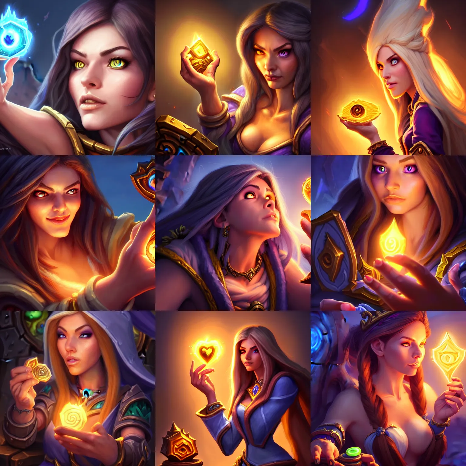 Prompt: Hearthstone official professional art, with realistic beautiful face & eyes. A sorceress finding a treasure. Insanely coherent and well drawned physical body parts (face, arms, legs, hair, eyes). Full body, sharp focus, 8k high definition, insanely detailed, intricate, elegant, smooth, sharp focus, illustration, ArtStation