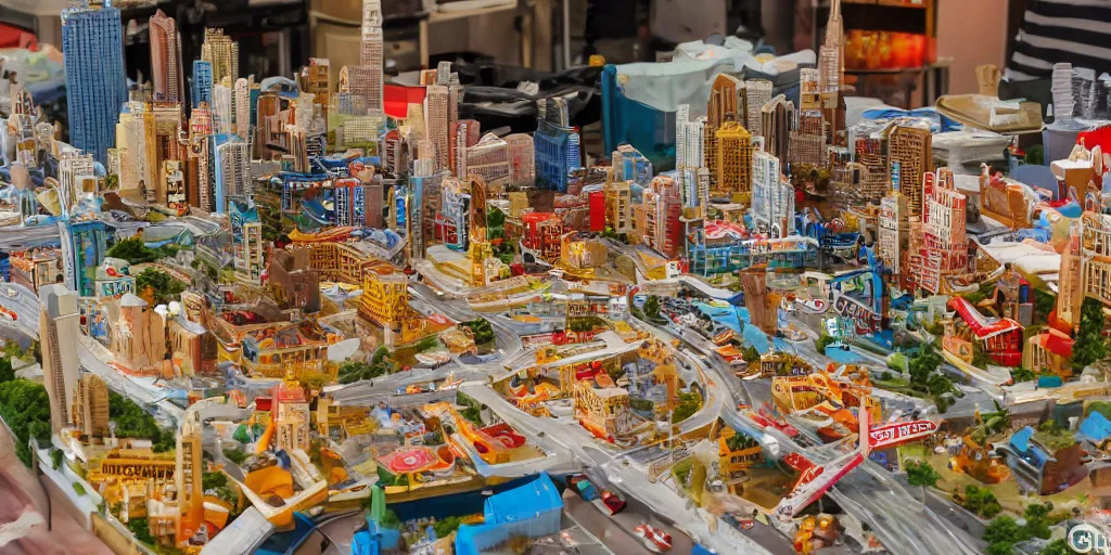 Image similar to a model of manhatten constructed out of fast food, diner food, pastries, miniature photography, diorama, wide - angle macro lens, art, award - winning, beautiful high resolution