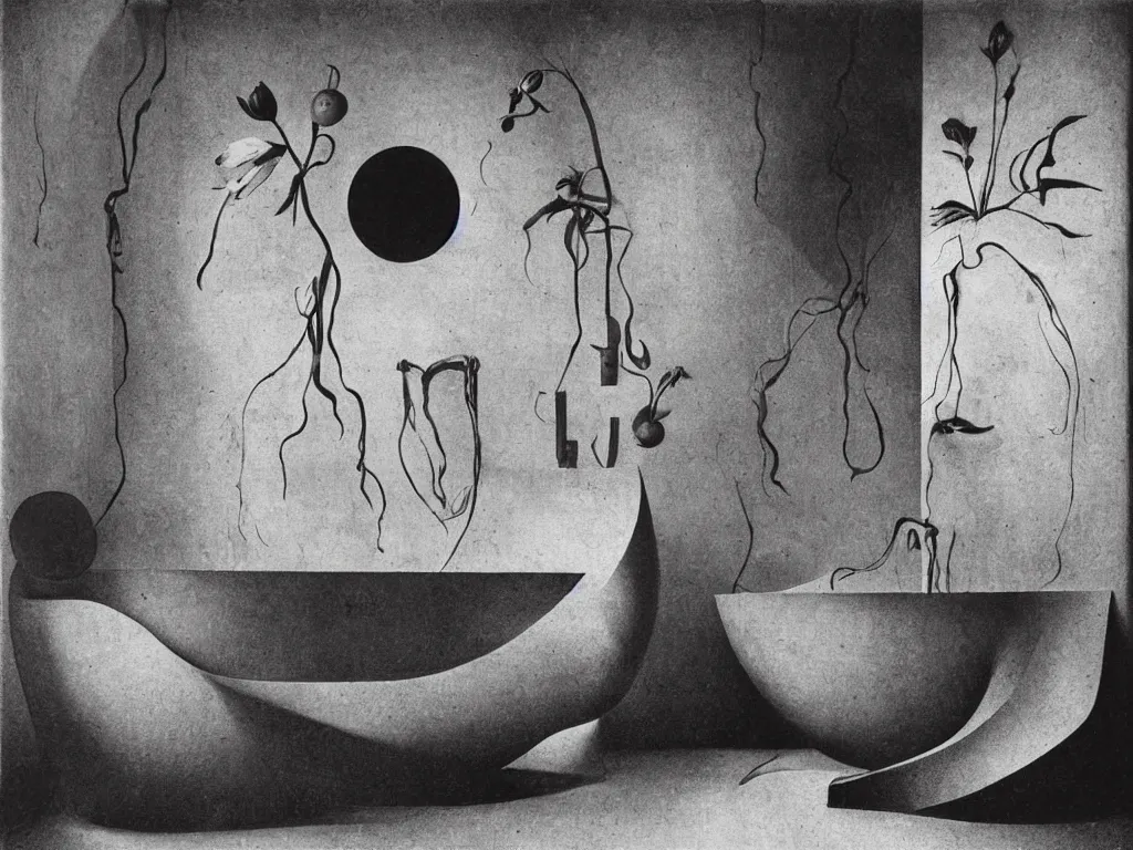 Image similar to brutalist interior with stone bathtub with polynesian mask and lily. karl blossfeldt, henri moore, salvador dali