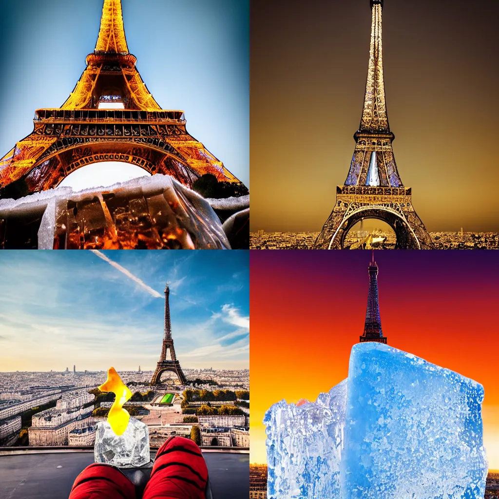 Prompt: gigantic ice cube melting on top of the eiffel tower in paris, warm colors, hyperdetailed, dark background, professional photography, high contrast