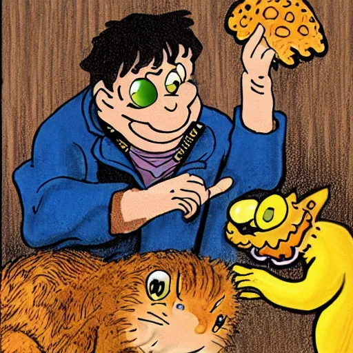 Image similar to jon arbuckle as a lovecraftian monster petting garfield the cat