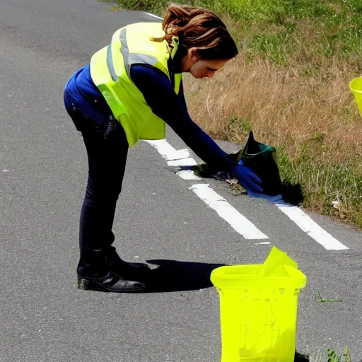 Image similar to emma watson in a hi vis vest picking up trash on the side of the road. midday sun,