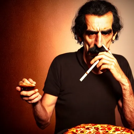 Image similar to frank zappa smoking a pizza, 8 k, photorealistic, octane render, award winning photography, lovecraft style, horror atmosphere, cinematic, hyper realism,