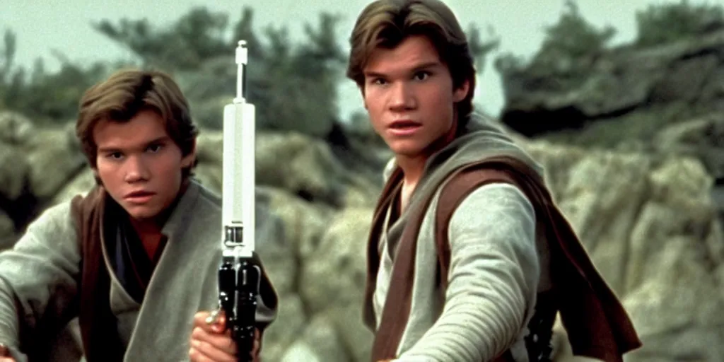 Image similar to A full color still from a film of a teenage Han Solo as a Jedi padawan holding a lightsaber hilt, from The Phantom Menace, directed by Steven Spielberg, 35mm 1990