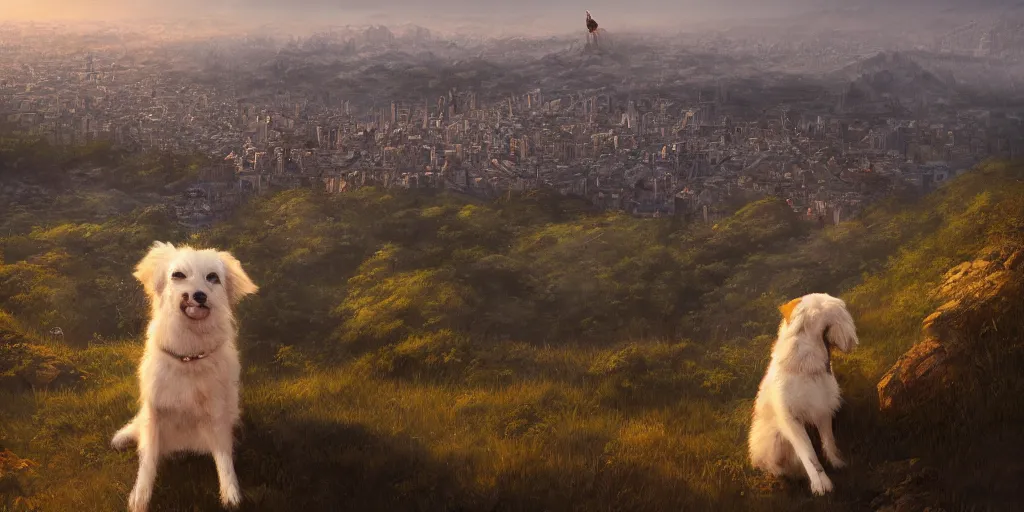Prompt: breathtaking detailed concept art painting of a dog on the top of a hill, with a beutiful view of a tiny city below the hill, by hsiao - ron cheng, extremely moody lighting, 8 k