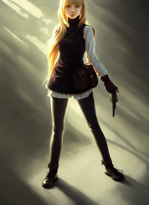 Image similar to portrait of a full body of beautiful young female detective, d & d, sleeveless turtleneck, fantasy, flat lighting, intricate, highly detailed, digital painting, artstation, concept art, smooth, sharp focus, illustration, misa amane, art by simon bisley and greg rutkowski and alphonse mucha, natural tpose