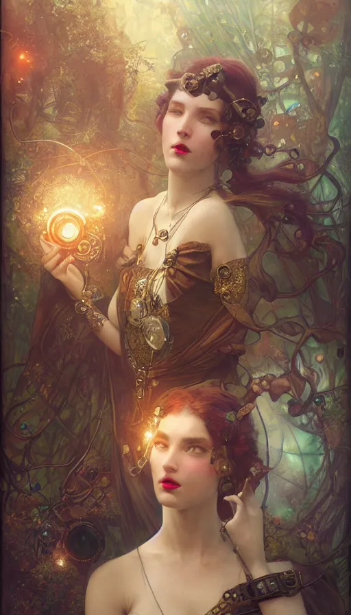 Image similar to hyper realistic photographer taking a picture, magical, gems, jewels, gold, steampunk, cyberpunk, painted by tom bagshaw, mucha, gaston bussiere, craig mullins, j. c. leyendecker 8 k